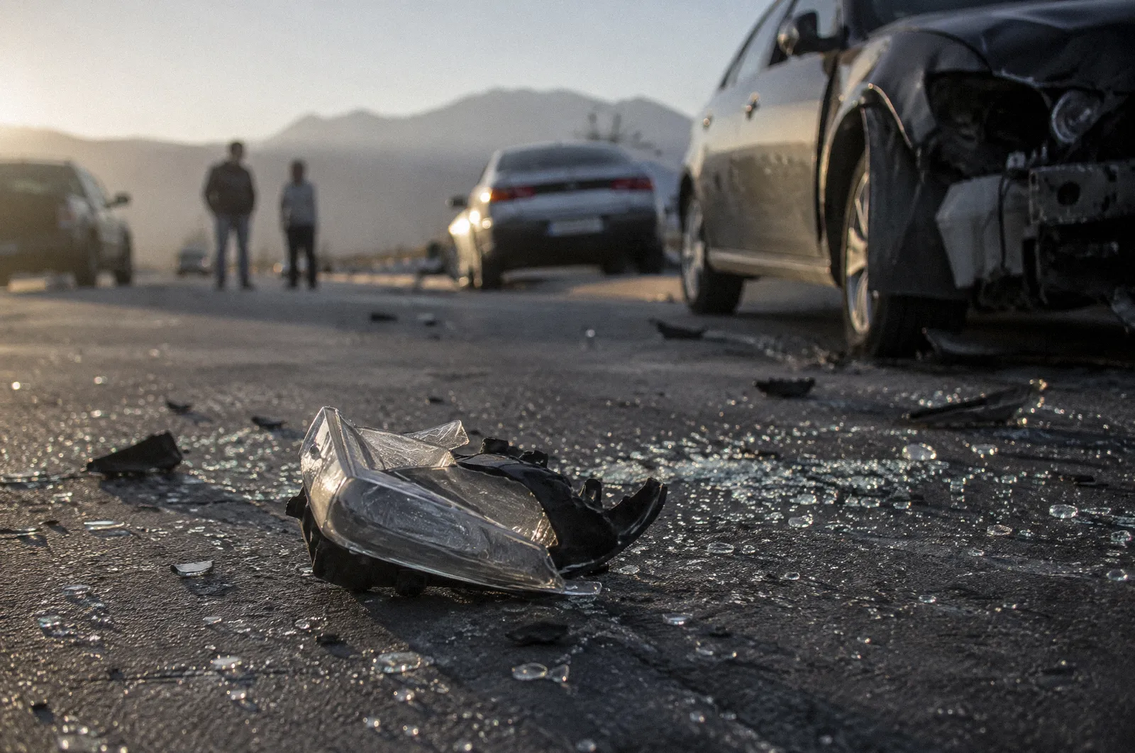 Shattered safety glass and a broken headlight fragment on dark asphalt, shallow depth of field