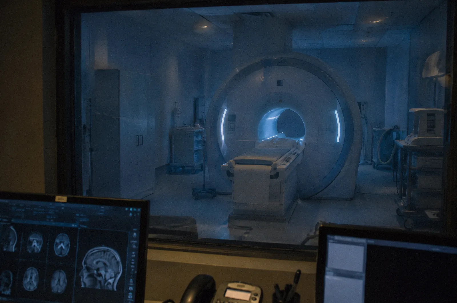 An MRI scanner room seen through a control room window, soft blue light, nobody in frame