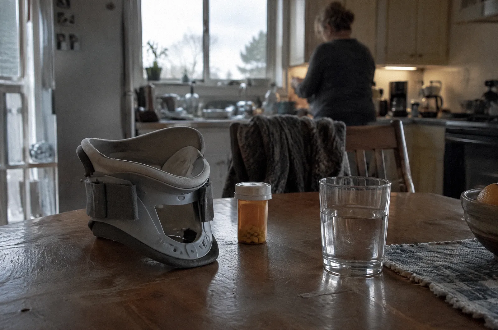 A cervical collar resting on a kitchen table next to a pill bottle with no label and a glass of water